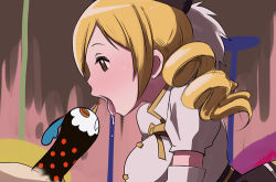 Rule 34 | 1girl, blonde hair, breasts, butcha-u, charlotte (madoka magica), drill hair, drooling, fellatio, hat, irony, large breasts, lowres, mahou shoujo madoka magica, mahou shoujo madoka magica (anime), mami mogu mogu, open mouth, oral, parody, penis, role reversal, saliva, spoilers, tomoe mami, tongue, tongue out, twin drills, twintails, yellow eyes