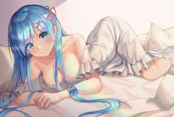 Rule 34 | 1girl, absurdres, alternate costume, alternate hair length, alternate hairstyle, bare arms, bare shoulders, blue eyes, blue hair, breasts, cleavage, collarbone, commentary request, dress, eyes visible through hair, hair ornament, hair over one eye, hair ribbon, highres, large breasts, long hair, looking at viewer, lying, michelan, pillow, pink ribbon, re:zero kara hajimeru isekai seikatsu, rem (re:zero), ribbon, smile, solo, white dress, x hair ornament