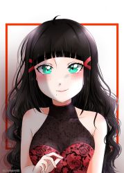 Rule 34 | 1girl, aqua eyes, artist name, artist request, black hair, blush, breasts, collarbone, dress, female focus, flower print, green eyes, hair ornament, hairclip, highres, kurosawa dia, long hair, looking at viewer, love live!, love live! sunshine!!, medium breasts, mole, mole under mouth, nonoberry22, parted lips, red dress, smile, solo, upper body