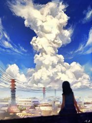 Rule 34 | 1girl, arms at sides, black hair, blue dress, blue sky, blurry, building, city, cityscape, cloud, cloudy sky, day, depth of field, dress, facing away, from behind, horizon, long hair, looking afar, m.b, original, outdoors, power lines, rooftop, scenery, signature, sitting, sky, solo, transmission tower