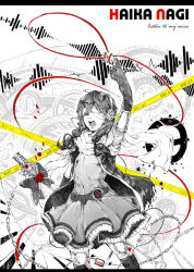 Rule 34 | 1girl, arm garter, arm up, bandage over one eye, bow, broken, broken chain, caution tape, chain, character name, covered navel, detached sleeves, dress, english text, eyelashes, flower, garter straps, haika nagi, headset, highres, holding, holding microphone stand, holding string, kneehighs, legwear garter, long hair, microphone stand, nemo (ani1995), one eye covered, open mouth, petals, red eyes, red flower, red rose, rose, rose petals, scarf, socks, solo, spot color, string, teeth, torn clothes, torn sleeves, torn vest, utau, vest