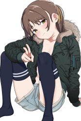 Rule 34 | 1girl, arm support, blue thighhighs, bouen, brown hair, coat, commentary request, denim, denim shorts, fur-trimmed jacket, fur trim, green coat, hair ribbon, highres, jacket, knees up, no shirt, original, ponytail, ribbon, shorts, sitting, solo, thighhighs, v, white background, yellow eyes, yellow ribbon