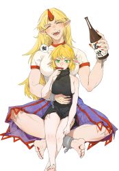Rule 34 | 2girls, absurdres, alcohol, barefoot, black dress, blonde hair, blue skirt, blush, bottle, breasts, chain, chinese commentary, closed eyes, commentary request, cuffs, cup, dress, drinking, full body, green eyes, green nails, hand on another&#039;s stomach, highres, horns, hoshiguma yuugi, large breasts, long hair, louka, mizuhashi parsee, multiple girls, nail polish, open mouth, parted bangs, pointy ears, red horns, red nails, red skirt, sakazuki, sake, sake bottle, shackles, shirt, short hair, sideboob, simple background, single horn, sitting, skirt, sleeveless, sleeveless dress, smile, spoken squiggle, squiggle, star (symbol), striped clothes, striped skirt, t-shirt, toenail polish, toenails, touhou, white background, white shirt