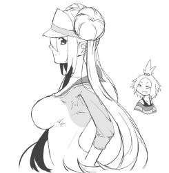 Rule 34 | 2girls, arched back, breasts, collarbone, creatures (company), doruka, double bun, female focus, from side, game freak, greyscale, hair bun, half-closed eyes, hat, large breasts, long hair, looking to the side, monochrome, multiple girls, nintendo, pokemon, pokemon bw2, rosa (pokemon), roxie (pokemon), shirt, short hair, simple background, single hair bun, striped clothes, striped shirt, twintails, upper body, white background