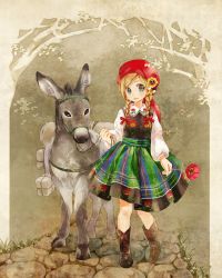 Rule 34 | 1girl, animal, bandana, blonde hair, blouse, blush, boots, bow, braid, brown footwear, cobblestone, cross-laced footwear, donkey, dress, floral print, flower, grass, hair bow, hair flower, hair ornament, hair over shoulder, hat, head scarf, holding, holding flower, kuga tsukasa, lace, lace-trimmed collar, lace-up boots, lace trim, long sleeves, looking at viewer, no socks, original, pack animal, pansy, parted lips, poppy (flower), red bow, reins, road, shirt, skirt, smile, solo, striped clothes, striped skirt, swept bangs, traditional clothes, tree, twin braids, vertical-striped clothes, vertical-striped skirt, walking, white shirt, wing collar