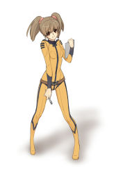 Rule 34 | 10s, 1girl, bodysuit, brown eyes, brown hair, clipboard, looking at viewer, misaki yuria, pen, shadow, skin tight, smile, solo, standing, twintails, uchuu senkan yamato, uchuu senkan yamato 2199, uniform