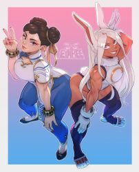 2girls animal_ears arm_up artist_logo artist_name ass-to-ass bare_shoulders birthday birthday_connection black_shoes blue_pants boku_no_hero_academia border bracelet brown_eyes brown_hair capcom chinese_clothes chun-li clothing_cutout commentary crescent_print dark-skinned_female dark_skin double_bun dress earrings english_commentary eyeliner eymbee female_focus full_body fur_collar gloves gold_trim gradient_background grin hair_bun hair_ribbon hand_on_own_knee hand_up highleg highleg_leotard jewelry leaning_forward leotard logo long_eyelashes long_hair looking_at_viewer makeup mirko multiple_girls pants parted_bangs pelvic_curtain print_dress purple_thighhighs rabbit_ears rabbit_girl rabbit_pose rabbit_tail red_eyeliner red_eyes red_lips red_nails ribbon shoes short_sleeves sleeveless_turtleneck_leotard smile street_fighter stud_earrings tail tail_through_clothes taut_leotard thick_thighs thighhighs thighs tight_clothes tight_pants toned toned_female turtleneck v very_long_hair white_border white_dress white_gloves white_hair white_leotard