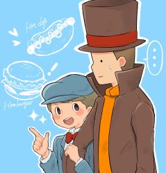 Rule 34 | ..., 2boys, :d, arm grab, black eyes, blue background, blue headwear, blue jacket, blush, bow, bowtie, brown hair, brown headwear, brown jacket, brown vest, burger, cabbie hat, collared shirt, commentary request, english text, excited, food, hand up, hands up, hat, heart, hershel layton, high collar, highres, hot dog, jacket, kiwami (kiwamimuneko), long sleeves, looking at another, luke triton, male focus, multiple boys, open clothes, open jacket, open mouth, orange sweater, outline, professor layton, red bow, red bowtie, shirt, short hair, smile, sparkle, spoken ellipsis, sweatdrop, sweater, top hat, upper body, v-shaped eyebrows, vest, white outline, white shirt
