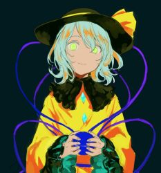 Rule 34 | 1girl, alternate hair color, aqua hair, asawa (dm owr), bad id, bad twitter id, bow, closed eyes, dark background, frilled shirt collar, frilled sleeves, frills, gem, green eyes, hat, hat bow, holding, komeiji koishi, long sleeves, looking at viewer, shirt, short hair, simple background, smile, solo, third eye, touhou, upper body, wide sleeves, yellow bow, yellow shirt