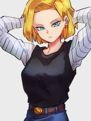 Rule 34 | 1girl, android 18, arms behind head, belt, black shirt, blonde hair, blue eyes, blue pants, breasts, brown belt, closed mouth, denim, dragon ball, dragonball z, earrings, jeans, jewelry, kemachiku, looking at viewer, medium breasts, pants, shirt, solo, striped sleeves, white sleeves