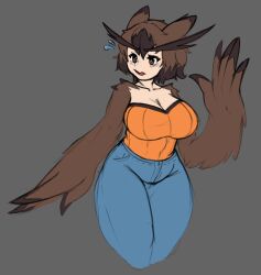 Rule 34 | 1girl, ashsux, breasts, brown eyes, brown feathers, brown hair, cleavage, commentary, denim, english commentary, feather fingers, feathered wings, feathers, flying sweatdrops, grey background, hair between eyes, harpy, highres, jeans, large breasts, monster girl, multicolored hair, open mouth, orange shirt, original, owl ears, pants, shirt, short hair, sleeveless, solo, two-tone hair, waving, winged arms, wings