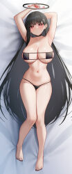 Rule 34 | 1girl, armpits, bare arms, bare legs, bare shoulders, barefoot, bed sheet, bikini, black bikini, black choker, black hair, blue archive, blush, breasts, bright pupils, choker, collarbone, groin, hair ornament, hairpin, halo, highres, large breasts, long hair, looking at viewer, mijikayo, navel, open mouth, red eyes, rio (blue archive), solo, swimsuit, white pupils