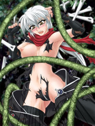 Rule 34 | 1girl, assassin cross (ragnarok online), blush, breasts, imminent rape, large breasts, nipples, ootsuki wataru, ragnarok online, solo, tentacles, thighhighs, torn clothes, white hair