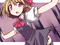 Rule 34 | 1girl, :o, black thighhighs, blonde hair, collared shirt, dress, fang, gradient background, hemogurobin a1c, open mouth, outstretched arms, pointy ears, rumia, shirt, short hair, solo, thighhighs, torn clothes, torn dress, touhou