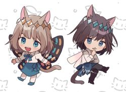 Rule 34 | 2boys, animal ears, blush, butterfly wings, cat boy, cat ears, cat tail, chibi, crown, eri 05b, fate/grand order, fate (series), full body, insect wings, kemonomimi mode, looking at viewer, male focus, multiple boys, oberon (fate), oberon (third ascension) (fate), school uniform, short hair, smile, spoilers, tail, wings