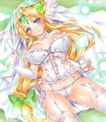 Rule 34 | 1girl, alternate costume, artist name, at classics, blonde hair, blue eyes, blush, bow, bow panties, breasts, breasts apart, bridal gauntlets, bridal veil, cameltoe, cleft of venus, cowboy shot, dutch angle, forehead jewel, fur trim, garter straps, gluteal fold, green bow, hair bow, helmet, large breasts, long hair, looking at viewer, low-tied long hair, panties, parted lips, riesz, sample watermark, seiken densetsu, seiken densetsu 3, side-tie panties, solo, thighhighs, traditional media, underwear, untied panties, veil, very long hair, watermark, white panties, winged helmet