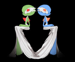 Rule 34 | 2girls, absurdres, alternate color, black background, blue hair, blue skin, bob cut, closed mouth, colored skin, constricted pupils, creatures (company), expressionless, female focus, flat chest, full body, game freak, gardevoir, gen 3 pokemon, green hair, green skin, hair over one eye, hands on lap, highres, invisible chair, legs together, looking at viewer, multicolored skin, multiple girls, nintendo, one eye covered, orange eyes, pokemon, pokemon (creature), red eyes, shiny and normal, shiny pokemon, short hair, simple background, sitting, symmetry, tem (tem konp10), two-tone skin, white skin, wide-eyed