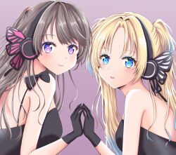 Rule 34 | 2girls, backless dress, backless outfit, black dress, black gloves, black headphones, blonde hair, blue eyes, blue hair, blush, brown hair, closed mouth, commentary request, dress, fujishima megumi, gloves, gradient hair, grey background, hand on hand, highres, light blue hair, link! like! love live!, lips, long hair, looking at viewer, love live!, meimaru, mira-cra park!, multicolored hair, multiple girls, osawa rurino, parted bangs, parted lips, purple eyes, sleeveless, sleeveless dress, strapless, strapless dress, twintails, two side up, virtual youtuber