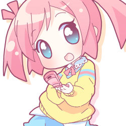 Rule 34 | 00s, 1girl, :d, blue eyes, blush, cellphone, chibi, child, flat chest, hair ribbon, head tilt, high collar, holding, lace, long sleeves, looking at viewer, mirai (sugar), necktie, no nose, open mouth, phone, pink hair, ribbon, school uniform, shadow, shirt, short hair, short twintails, shorts, simple background, smile, solo, sweater, sweater vest, swept bangs, tanaka yutori, twintails, upper body, white background, yutori-chan, yutori-chan (character)