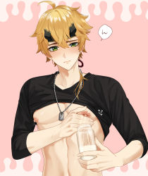 Rule 34 | 1boy, black shirt, blush, bottle, closed mouth, clothes pull, dog tags, ear piercing, fake horns, genshin impact, green eyes, hair between eyes, headband, highres, holding, holding bottle, horned headwear, horns, male focus, male lactation, nipples, piercing, pinchi, pink background, ponytail, shirt, shirt pull, simple background, solo, sweat, thoma (genshin impact), upper body