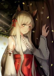 Rule 34 | 1girl, animal ears, bow, breasts, fox ears, frown, hair bow, hair ornament, highres, japanese clothes, leaf, looking at viewer, miko, original, ryuu (kichikutie23), sky, solo, symbol-shaped pupils, tree, white hair, yellow eyes
