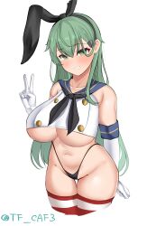 Rule 34 | 1girl, absurdres, animal ears, bare shoulders, black panties, breasts, buttons, cosplay, cowboy shot, double-breasted, elbow gloves, fake animal ears, gloves, green eyes, grin, hair between eyes, hair ornament, hairclip, highres, kantai collection, large breasts, long hair, navel, one-hour drawing challenge, panties, shimakaze (kancolle), shimakaze (kancolle) (cosplay), shirt, simple background, smile, solo, striped clothes, striped thighhighs, suzuya (kancolle), teeth, tf cafe, thigh gap, thighhighs, thong, twitter username, underboob, underwear, white background, white gloves, white shirt