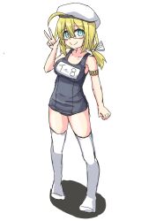 Rule 34 | 1girl, ahoge, blonde hair, blue eyes, breasts, full body, glasses, hat, highres, i-8 (kancolle), kantai collection, large breasts, long hair, low twintails, name tag, no shoes, one-piece swimsuit, peaked cap, pepatiku, red-framed eyewear, sailor hat, school swimsuit, semi-rimless eyewear, solo, swimsuit, thighhighs, tri tails, twintails, under-rim eyewear, v, white thighhighs