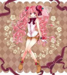 Rule 34 | 1girl, bare shoulders, boots, bow, earrings, flower, frills, hair flower, hair ornament, highres, jewelry, legs, long hair, original, pink hair, purple eyes, red rose, ribbon, rose, shorts, sleeveless, smile, solo, twintails, wavy hair, white rose, wristband, yuh