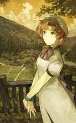 Rule 34 | 1girl, absurdres, asymmetrical bangs, blue eyes, bow, bowtie, closed mouth, cloud, cloudy sky, dress, expressionless, eyelashes, feet out of frame, fence, field, hat, highres, higurashi no naku koro ni, house, kornod, looking afar, medium hair, mountainous horizon, orange hair, orange sky, outdoors, outstretched arms, own hands together, painterly, pink bow, puffy short sleeves, puffy sleeves, red bow, ryuuguu rena, short sleeves, sky, solo, tree, white dress, white hat, wooden fence, wristband, yellow sky