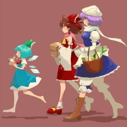 Rule 34 | bad id, bad pixiv id, barefoot, basket, blue eyes, blue hair, boots, bow, brown hair, cirno, detached sleeves, food, hair bow, hakurei reimu, hat, japanese clothes, letty whiterock, matsutani, miko, perfect cherry blossom, purple hair, running, scarf, shopping, touhou, vegetable, wings