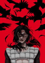 Rule 34 | 1boy, abs, bad id, bad pixiv id, bird, black bird, black hair, black sleeves, blood, blood on face, crow, feathers, hair tubes, highres, illuso, jojo no kimyou na bouken, kzt, long hair, looking at viewer, male focus, midriff, red background, red eyes, silhouette, solo, vento aureo, vest