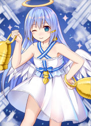 Rule 34 | 1girl, ;), angel wings, bad id, bad pixiv id, bare arms, bare shoulders, bell, bellringer angel, blue eyes, blue hair, blue sky, blush, closed mouth, cloud, collarbone, commentary request, criss-cross halter, day, dress, feathered wings, feathers, hair between eyes, hair ornament, hairclip, halo, halterneck, hand on own hip, holding, long hair, one eye closed, outdoors, see-through, shadowverse, sky, smile, solo, sparkle, tukino neru, very long hair, white dress, white feathers, white wings, wings