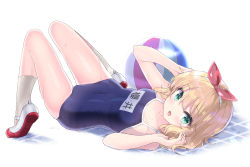 Rule 34 | 1girl, ball, bare legs, bare shoulders, beachball, blonde hair, competition school swimsuit, covered navel, green eyes, hair ornament, hair ribbon, highres, idolmaster, idolmaster cinderella girls, ktsecond, looking at viewer, lying, name tag, on back, one-piece swimsuit, ribbon, sakurai momoka, school swimsuit, shoes, short hair, simple background, solo, swimsuit, taut clothes, taut swimsuit, tiles, uwabaki, wavy hair, white background, white legwear