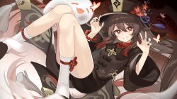 Rule 34 | 1girl, bead bracelet, beads, black hat, black nails, black shorts, blush, bracelet, brown hair, bug, butterfly, chinese clothes, claw pose, closed eyes, fang, fei (songyijie), flower, flower-shaped pupils, genshin impact, ghost, hat, hat flower, highres, hu tao (genshin impact), insect, jewelry, long hair, long sleeves, looking at viewer, nail polish, open mouth, red eyes, ring, shorts, simple background, skin fang, smile, socks, solo, symbol-shaped pupils, tassel, thumb ring, twintails, very long hair, wide sleeves