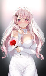 Rule 34 | 1girl, bare shoulders, blush, breasts, choker, collarbone, commentary request, dress, earrings, flower, hair down, hair ornament, hairclip, hand up, highres, holding, holding flower, jewelry, juliet sleeves, large breasts, long hair, long sleeves, looking at viewer, nijisanji, off-shoulder dress, off shoulder, parted lips, pink hair, puffy sleeves, red eyes, red flower, red rose, rose, shiina yuika, sleeves past wrists, solo, very long hair, virtual youtuber, wedding dress, white choker, yuuri nayuta
