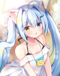 Rule 34 | 1girl, ahoge, animal ear fluff, animal ears, bare shoulders, blue eyes, blue hair, blurry, blurry background, blush, breasts, brown eyes, cat ears, collarbone, commentary request, depth of field, dress, fang, hair between eyes, hair intakes, hair ornament, hairclip, heterochromia, highres, long hair, looking at viewer, masayo (gin no ame), off-shoulder dress, off shoulder, original, parted lips, sidelocks, small breasts, solo, twintails, very long hair, white dress, yellow eyes