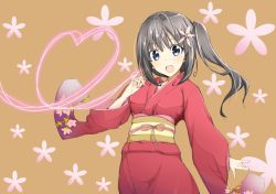 Rule 34 | 1girl, bad id, bad pixiv id, black hair, blue eyes, borupikka, flower, hair flower, hair ornament, heart, heart of string, japanese clothes, kimono, open mouth, original, pinky out, side ponytail, solo
