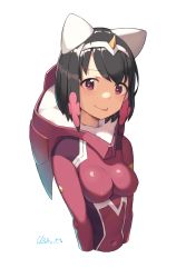 Rule 34 | 10s, absurdres, animal ears, artist name, bad id, bad twitter id, blush, bodysuit, breasts, brown hair, cat ears, cleavage, cloba, cosplay, covered navel, darling in the franxx, flower, hair flower, hair ornament, hairband, heart, heart-shaped pupils, highres, horns, inactive account, long sleeves, looking at viewer, medium breasts, original, pilot suit, pink eyes, pink flower, red bodysuit, short hair, simple background, single horn, skin tight, smile, solo, symbol-shaped pupils, tongue, tongue out, upper body, white background, white hairband, zero two (darling in the franxx), zero two (darling in the franxx) (cosplay)