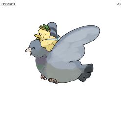 Rule 34 | ^ ^, bag, bird, bottle cap, closed eyes, diva (hyxpk), duck, duckling, english text, flying, frog headband, hat, highres, no humans, numbered, original, pigeon, riding, simple background, sweat, nervous sweating, white background