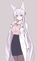 Rule 34 | 1girl, arm at side, black pantyhose, black skirt, blouse, blush, breasts, closed mouth, coat, doctor, finger to cheek, grey background, hair between eyes, hair intakes, hand up, index finger raised, jewelry, lab coat, large breasts, light purple hair, long hair, looking at viewer, magatama, magatama necklace, necklace, open clothes, open coat, original, pantyhose, pencil skirt, pink shirt, purple eyes, purple hair, shirt, sidelocks, simple background, skirt, smile, solo, tamamo (yagi), very long hair, yagi (ningen)