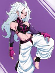 Rule 34 | 1girl, android 16, android 21, baggy pants, bare shoulders, black sclera, breasts, chinese clothes, colored sclera, colored skin, cosplay, dragon ball, dragon ball fighterz, dudou, echo saber, elbow gloves, evil smile, feet, fighting stance, fingerless gloves, gloves, hair between eyes, halterneck, han juri, han juri (cosplay), highres, jewelry, leg up, long hair, majin android 21, nail polish, navel, no shoes, pants, pink skin, pointy ears, purple background, red eyes, sideboob, smile, solo, street fighter, street fighter iv (series), toeless legwear, toned, white hair