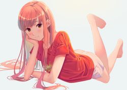 Rule 34 | 1girl, arm support, barefoot, blush, brown eyes, brown hair, buster shirt, closed mouth, commentary request, dutch angle, fate/grand order, fate (series), grey background, long hair, looking at viewer, lying, medb (fate), on stomach, poligon (046), red shirt, shirt, short shorts, short sleeves, shorts, simple background, solo, the pose, very long hair, white shorts