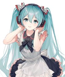 Rule 34 | 1girl, absurdres, almic, alternate costume, apron, aqua hair, bare arms, black bow, black dress, blush, bow, commentary request, cowboy shot, dress, frilled dress, frills, grin, hair bow, hands up, hatsune miku, headphones, headset, highres, long hair, looking at viewer, musical note, number tattoo, red bow, shoulder tattoo, simple background, sleeveless, smile, solo, striped apron, striped bow, striped clothes, tattoo, twintails, vertical-striped apron, vertical-striped clothes, very long hair, vocaloid, white apron, white background, white bow