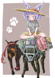 Rule 34 | 1girl, absurdres, animal, animal ears, bag, bandana, barefoot, bigdog, bucket, child, clothed animal, collar, commentary request, doberman, dog, dog child (doitsuken), dog ears, doitsuken, ears through headwear, grey shirt, hat, highres, indian style, looking at another, looking down, original, paw print, pouch, purple background, red eyes, school bag, shirt, short hair, short sleeves, shorts, sitting, slit pupils, spiked collar, spikes, straw hat, walking, yellow shorts