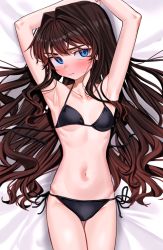 Rule 34 | 1girl, armpits, bikini, black bikini, blue eyes, blush, breasts, brown hair, closed mouth, dakimakura (medium), elisia valfelto, from above, hair intakes, hair spread out, hands up, long hair, looking at viewer, luicent, lying, navel, on bed, original, side-tie bikini bottom, small breasts, solo, swimsuit, thigh gap