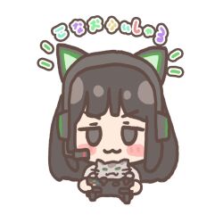 Rule 34 | 1girl, :3, animal ear headphones, animal ears, black eyes, black hair, blunt bangs, blush stickers, cat ear headphones, chibi, chibi only, closed mouth, commentary, controller, cropped torso, fake animal ears, game controller, grey cat, headphones, holding, holding controller, holding game controller, jitome, long hair, looking at viewer, notice lines, real life, simple background, smile, solo, sunkeun, translated, tsukine kona, v-shaped eyebrows, white background, xbox controller