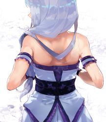 Rule 34 | 1girl, arm garter, back, back focus, backlighting, bad id, bad twitter id, bare shoulders, bow, character request, commentary request, copyright request, from behind, hair bow, hair over shoulder, hamada (super tachioyogi kyousou), highres, japanese clothes, long hair, obi, purple bow, sash, shoulder blades, silver hair, solo, upper body, white background, wristband