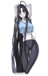 Rule 34 | 1girl, ahoge, android, armpits, arms behind head, artist name, black pants, blue eyes, blue shirt, blush, breasts, commission, cropped shirt, grey lips, highres, long hair, looking down, medium breasts, metal skin, metalkrot, midriff, one eye closed, original, pants, parted bangs, parted lips, shirt, smile, solo, stretching, very long hair, yoga pants