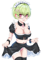 Rule 34 | 1girl, alternate costume, black-framed eyewear, black collar, black shirt, black skirt, black thighhighs, black wrist cuffs, blush, breasts, cleavage, clothes lift, collar, collarbone, commentary request, covered erect nipples, cowboy shot, crocodile hair ornament, cropped shirt, detached collar, enmaided, eyelashes, frilled shirt, frilled skirt, frills, glasses, green hair, hair between eyes, highres, large breasts, lifted by self, lips, looking at viewer, maid, maid headdress, miniskirt, navel, neck ribbon, no bra, noir (nowaru), nomura miki, open mouth, panties, panty peek, pink eyes, pink panties, pink ribbon, puffy short sleeves, puffy sleeves, ribbon, round eyewear, shiny skin, shirt, short hair, short sleeves, signature, simple background, skindentation, skirt, skirt lift, smile, solo, summer pockets, teeth, thighhighs, underwear, upper teeth only, white background, wrist cuffs, zettai ryouiki