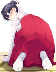 Rule 34 | 10s, 1girl, 3:, all fours, alternate costume, black hair, blue eyes, blush, closed mouth, feet, from behind, hair between eyes, hakama, hakama skirt, highres, houshou (kancolle), japanese clothes, kantai collection, long skirt, long sleeves, looking at viewer, looking back, miko, nezumi doshi, no shoes, pleated skirt, ponytail, red skirt, simple background, skirt, soles, solo, tabi, tatami, toes, white background, white legwear